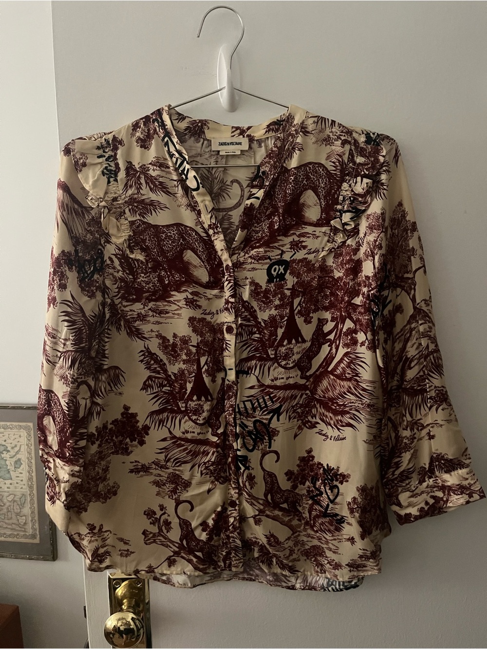 Zadig & Voltaire Cream and Burgundy Printed Button-Down Blouse